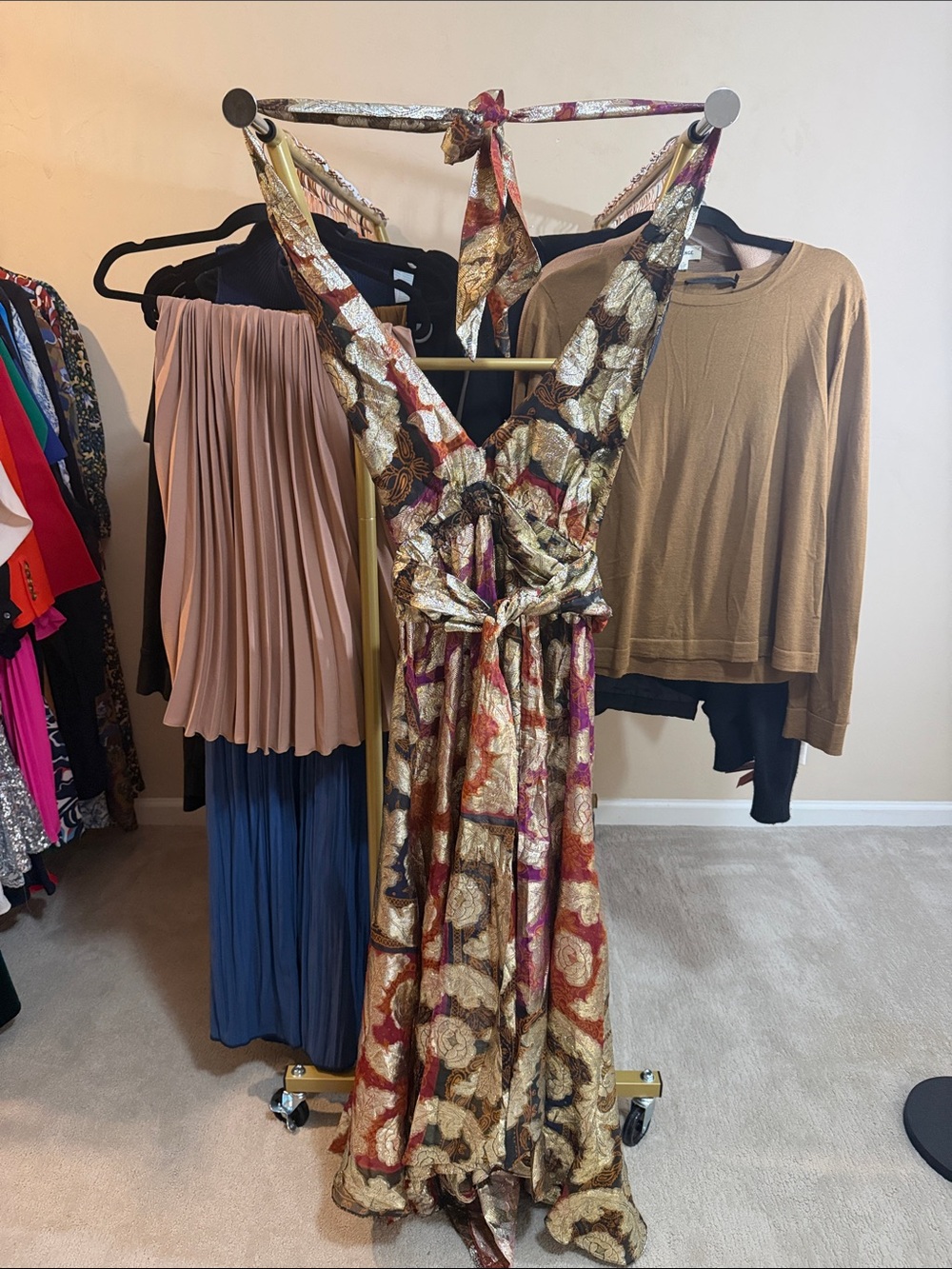 FARM Rio Metallic Floral V-Neck Maxi Dress in Gold, Rust & Plum
